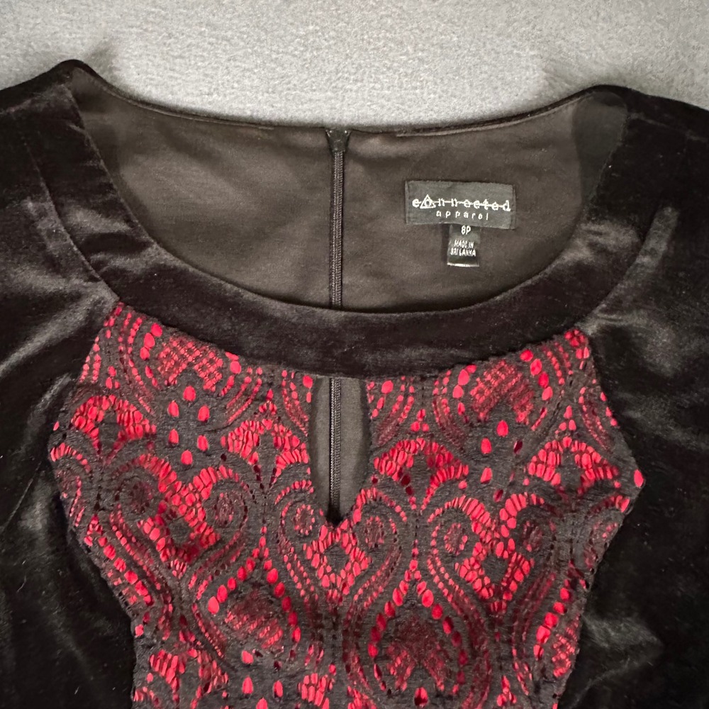 Connected Apparel Dress Womens 8P Black Velvet Red Lace Sheath Party Career - Picture 5 of 16